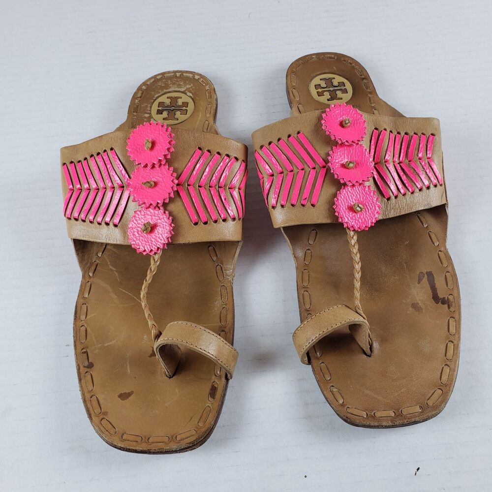 Tory Burch Caylan Leather Sandals Brown Pink Toe Ring Size 9M